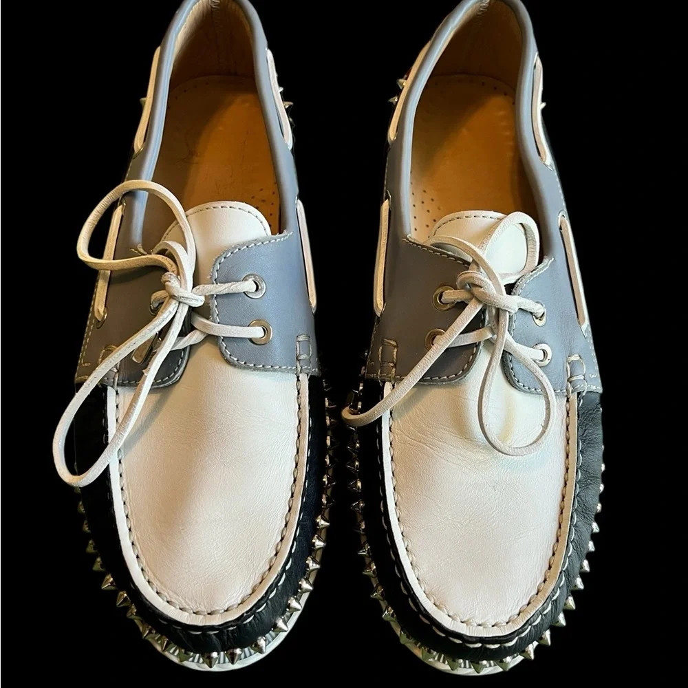 Christian Louboutin White and Gray Studded Leather Boat Shoes